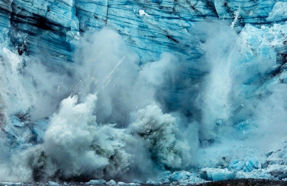 Calving is when chunks of ice break off glacier and fall into the water below. "In the winter, they accumulate snow, and in the summer, the snow melts off," explained Peter Christian, chief spokesperson for Public Affairs for the National Park Service’s Alaska region. "That kind of the immense pressure of all that ice and snow is always pushing the glaciers downhill and then they reach the water, and they break off."