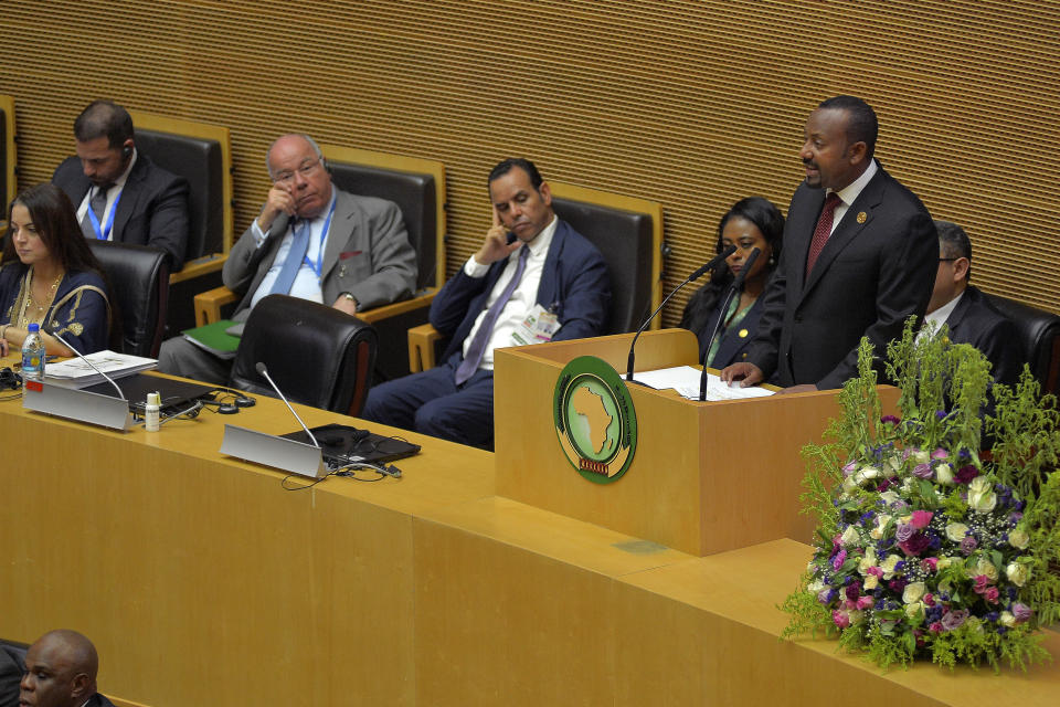 Ethiopia's Prime Minister Abiy Ahmed, addresses the opening session of the 37th Ordinary session of the Assembly of the African Union (AU) Summit at the AU headquarters in Addis Ababa, Ethiopia, Saturday, Feb. 17, 2024. Leaders at an African Union summit in the Ethiopian capital Addis Ababa have urday condemned Israel’s offensive in Gaza and called for its immediate end. (AP Photo)