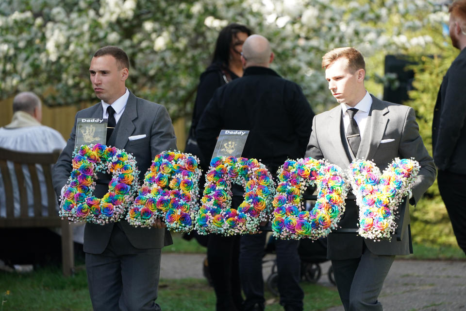 A floral tribute is carried into St Francis of Assisi church ahead of the funeral of The Wanted star Tom Parker in Queensway, Petts Wood, in south-east London, following his death at the age of 33 last month, 17 months after being diagnosed with an inoperable brain tumour. Picture date: Wednesday April 20, 2022. (Photo by Kirsty O'Connor/PA Images via Getty Images)