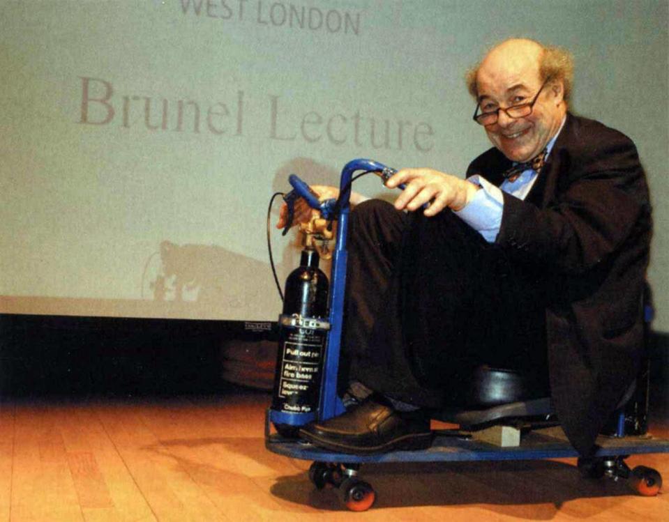 olff arrived at his 80th birthday celebrations on a scooter propelled by fire extinguishers (Brunel University London)