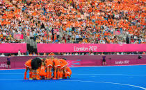 Team Netherlands huddle before playing against team Argentina during the Women's Hockey gold medal match on Day 14 of the London 2012 Olympic Games at Hockey Centre on August 10, 2012 in London, England. (Getty Images)