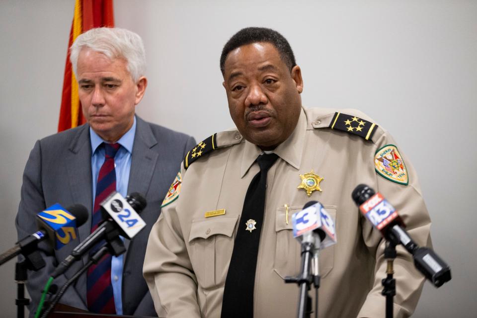 Shelby County District Attorney Steve Mulroy looks on as Shelby County Sheriff Floyd Bonner speaks after Mulroy announced that two Shelby County corrections officers had been indicted for assaulting an inmate in May during a press conference at the district attorney’s office in Memphis, Tenn., on Tuesday, November 14, 2023.