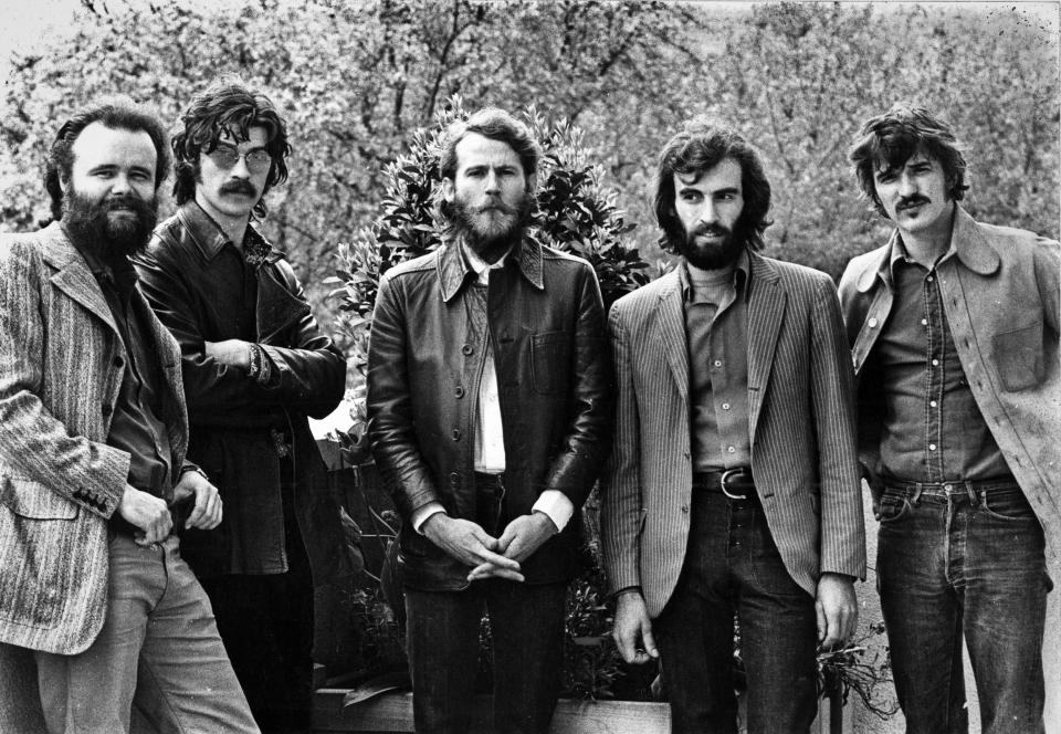 From left, Garth Hudson, Robbie Robertson, Levon Helm, Richard Manuel and Rick Danko of The Band in 1971. (Gijsbert Hanekroot / Redferns)