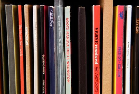 Vinyl LP album record sleeve spines are seen archived at the British Library's musical collection of over 250 000 pieces in London, Britain, June 15, 2018. Picture taken June 15, 2018. REUTERS/Toby Melville