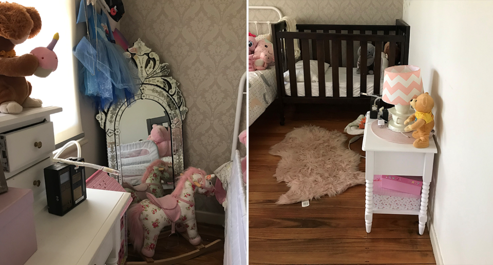 Two photos of children's bedrooms with soft toys and a rocking horse. 