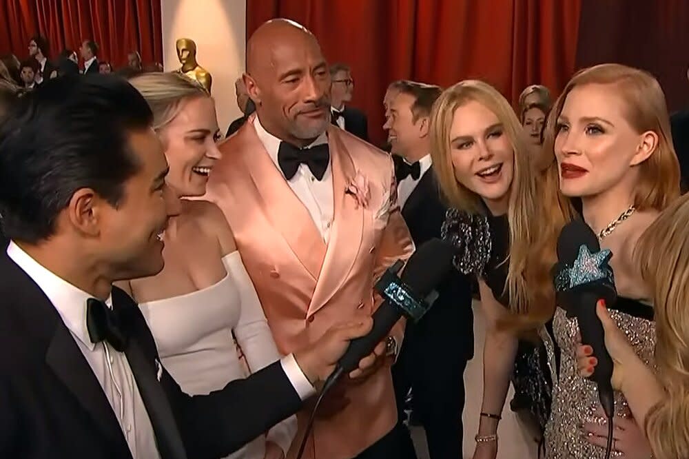 Emily Blunt, Dwayne Johnson & Nicole Kidman CRASH Jessica Chastain’s Oscars Intv
