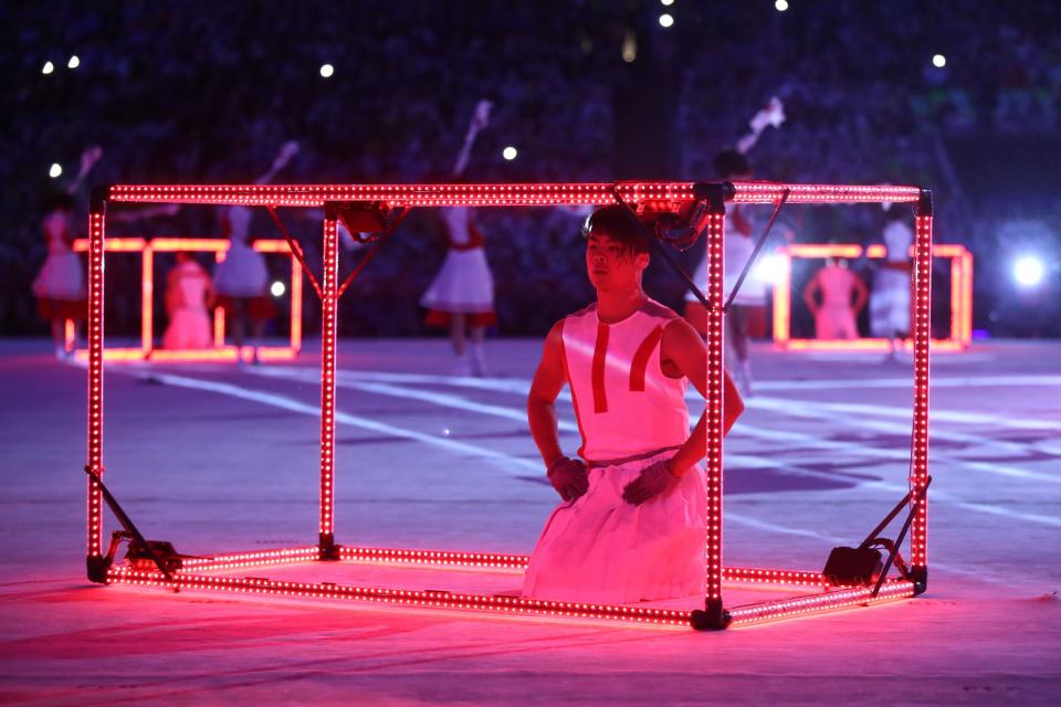 <p>Dancers perform during the ‘Love Sport Tokyo 2020’ segment during the Closing Ceremony on Day 16 of the Rio 2016 Olympic Games at Maracana Stadium on August 21, 2016 in Rio de Janeiro, Brazil. (Photo by Cameron Spencer/Getty Images) </p>