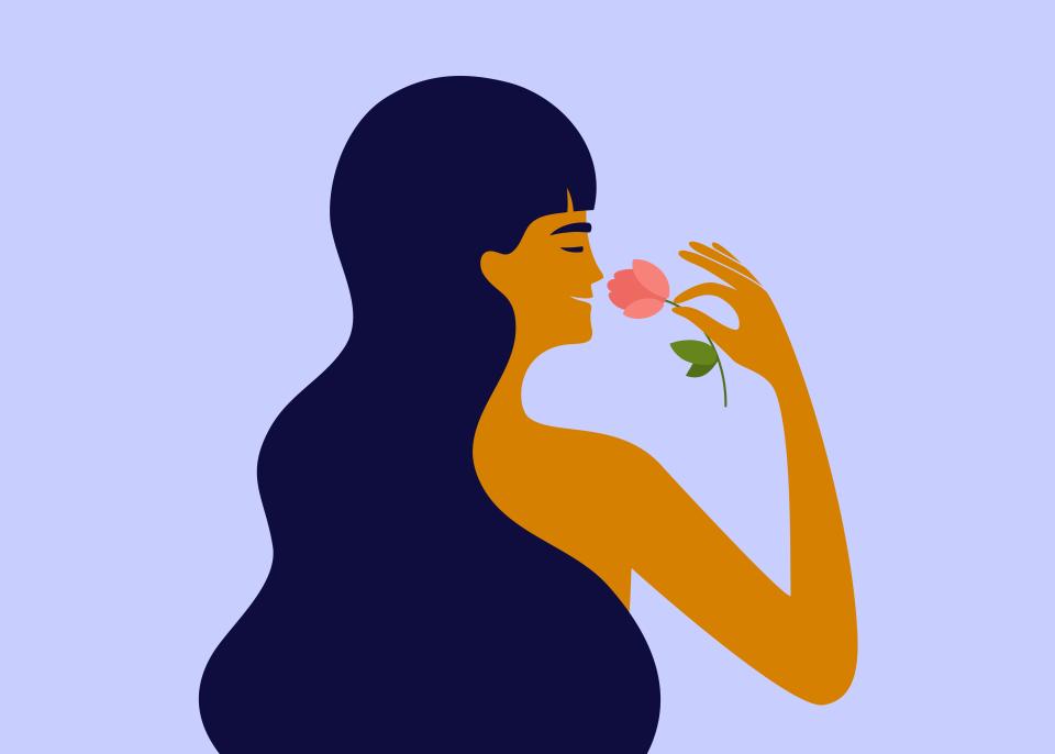 Image may contain: Human, and PersonBeautiful female with flower. Smiling woman enjoying smell of rose. Perfume, natural cosmetics. Self love, body beauty care. Lady holding peony bud in hand. Nature aroma fragrance. Vector illustration