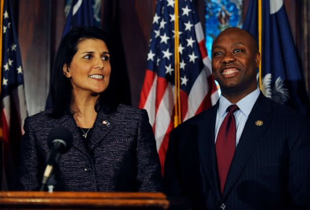 PHOTO: South Carolina Gov. Nikki Haley, announces Rep. Tim Scott, right, as Sen. Jim DeMint's replacement in the U.S. Senate during a news conference at the South Carolina Statehouse, Dec. 17, 2012, in Columbia, S.C. (Rainier Ehrhardt/AP Photo, FILE)