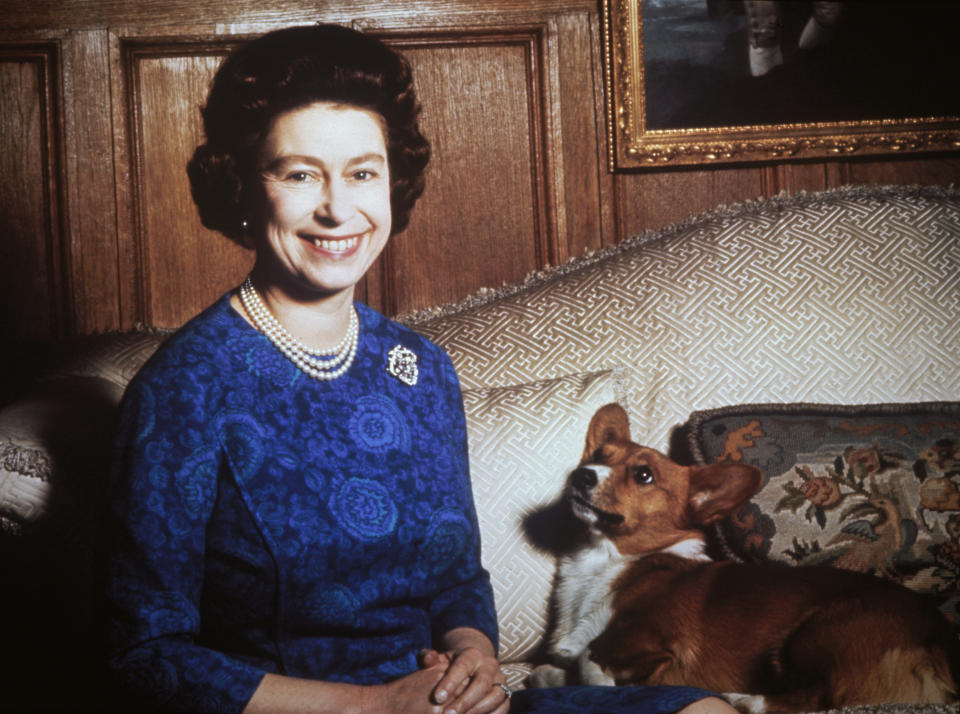 Queen Elizabeth II with a corgi, 1970. (Photo by Keystione/Hulton Archive/Getty Images)