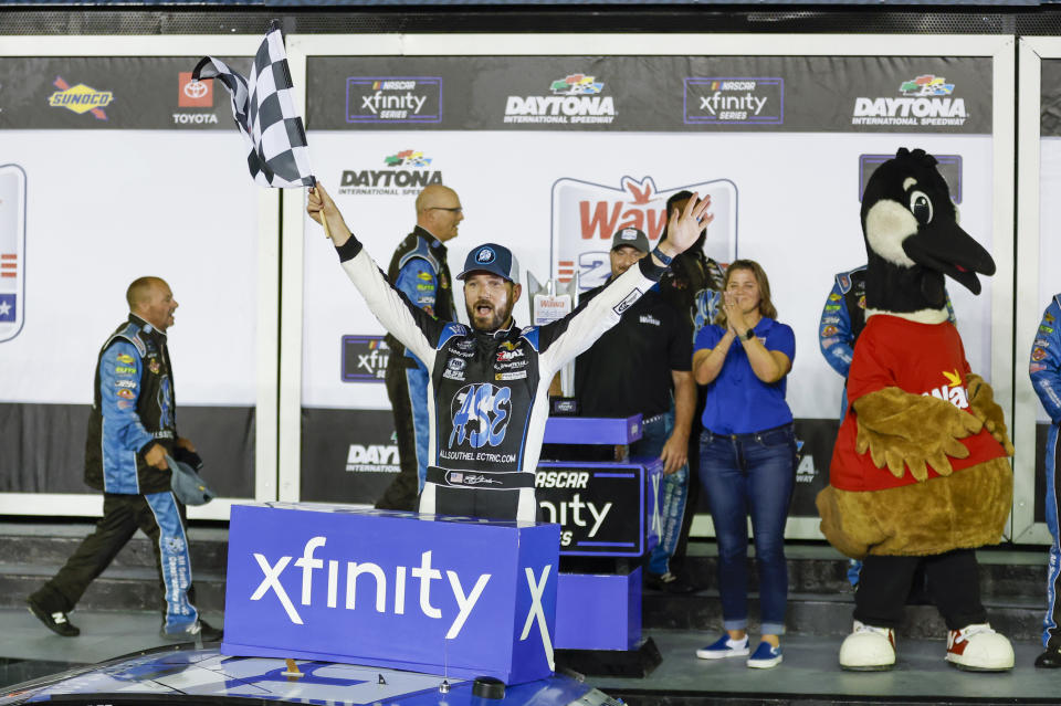 DAYTONA, FL - AUGUST 26: Jeremy Clements (#51 Jeremy Clements Racing One Stop / ASE Chevrolet) celebrates after winning the NASCAR Xfinity Series Wawa 250 at Daytona on August 26, 2022 at Daytona International Speedway in Daytona Beach, Fl.  (Photo by David Rosenblum/Icon Sportswire via Getty Images)