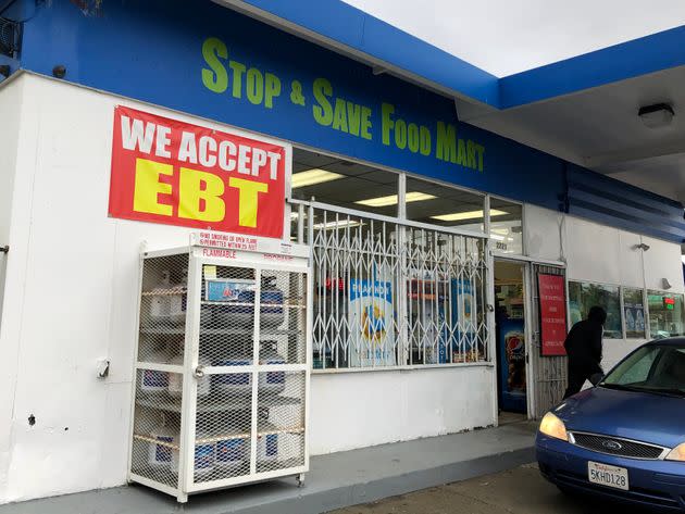 A sign noting that electronic benefit cards are accepted at a convenience store in Richmond, California, in 2019.