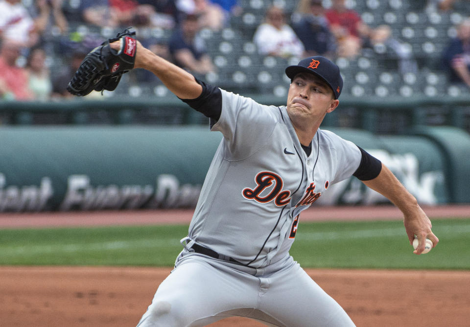 Detroit Tigers starting pitcher Tarik Skubal delivers to a Cleveland Indians batter during the first inning of a baseball game in Cleveland, Saturday, April 10, 2021. (AP Photo/Phil Long)