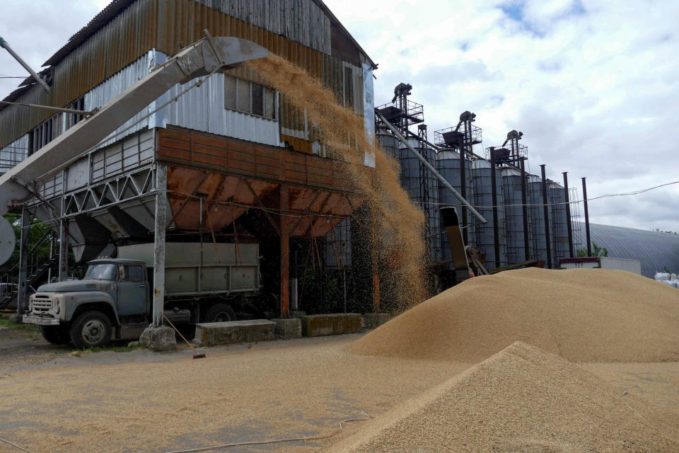 A truck is seen at a grain terminal during barley harvesting in Odesa region, as Russia's attack on Ukraine continues, Ukraine June 23, 2022.  REUTERS/Igor Tkachenko