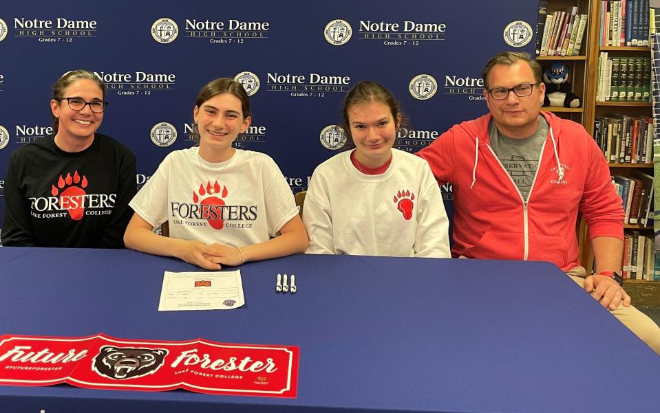 Elmira Notre Dame senior Ella Chicone, second from left, signed to play soccer at Lake Forest College on June 6, 2023. Pictured with her are her parents, Sarah and Vincent, and her sister, Loretta.