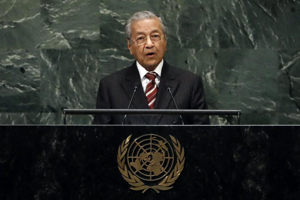 Malaysia's Prime Minister Mahathir Mohamad addresses the 73rd session of the United Nations General Assembly, at U.N. headquarters, Friday, Sept. 28, 2018. (AP Photo/Richard Drew)