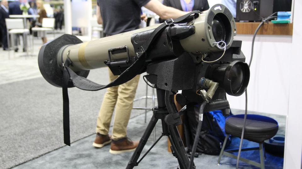 A Javelin anti-tank missile Basic Skills Trainer is seen March 29, 2023, at an Association of the U.S. Army trade show in Huntsville, Ala. (Davis Winkie/Staff)