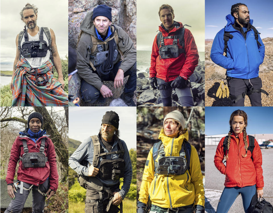 This combination of photos released by Nat Geo shows celebrities, top row from left, Russell Brand, Bradley Cooper, Benedict Cumberbatch, Daveed Diggs, bottom row from left, Cynthia Erivo, Troy Kotsur, Tatiana Maslany and Rita Ora in separate episodes of “Running Wild with Bear Grylls: The Challenge," premiering on July 9. (Nat Geo via AP)