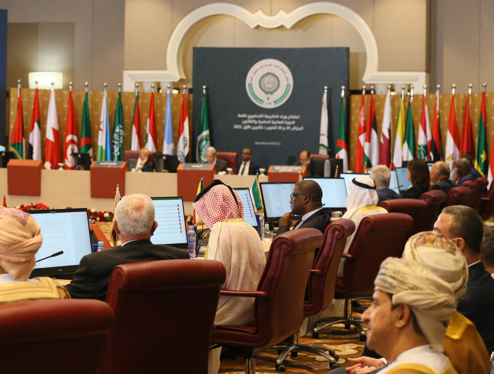 Ministers and delegates attend a preparatory meeting before the beginning of the Arab Summit in Algiers, Algeria, Monday, Oct. 31, 2022. Algeria is readying to host the 31st Arab League Summit, the first since the outbreak of the coronavirus pandemic. In the three years that's passed, new challenges have drastically reshaped the region's agenda, with the establishment of diplomatic ties between Israel and the gulf, and the fallout of the war in Ukraine. (AP Photo/Anis Belghoul)