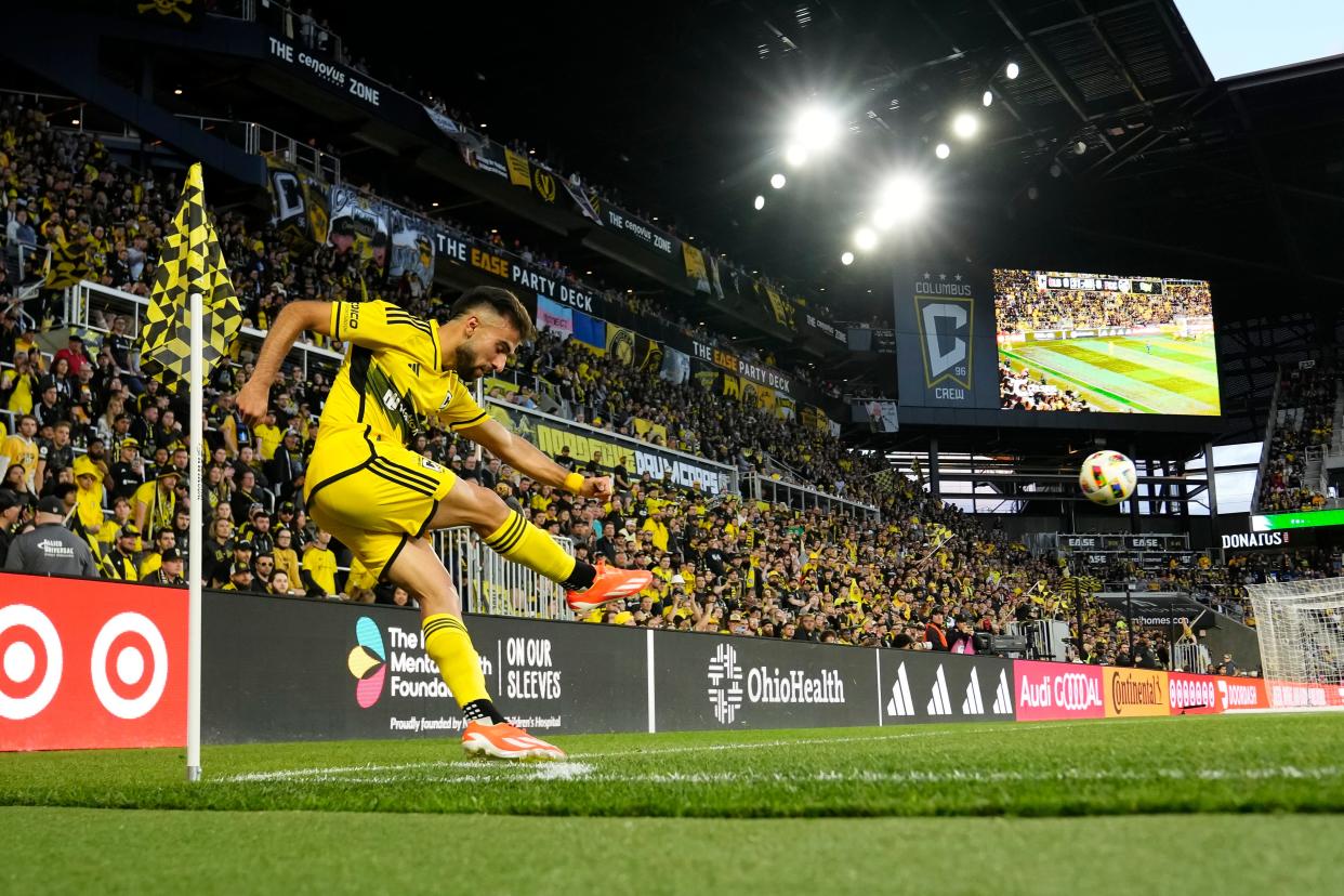 May 11, 2024; Columbus, OH, USA; Columbus Crew forward Diego Rossi (10) takes a corner kick during the first half of the MLS soccer game against FC Cincinnati at Lower.com Field.
