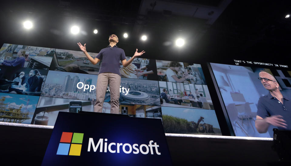 Microsoft CEO Satya Nadella delivers the keynote address at Build, the company's annual conference for software developers on Monday, May 6, 2019 in Seattle.  (AP Photo/Elaine Thompson)