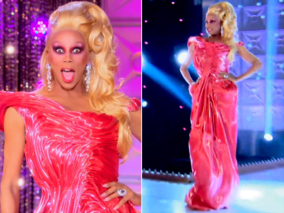 <p><em>Could you just GAG?</em> For the final challenge in season 8, the ladies starred in the music video for Ru's single "The Realness." But it was Ru's stunning off-the-shoulder dress we couldn't stop staring at thanks to it's shiny fabric sparkling from every angle on the runway. The gown ended the season on a major fashion moment.</p><p><em>RuPaul's Drag Race</em> season 9 premieres Friday, March 24 (at 8 p.m. ET) on VH1.</p>