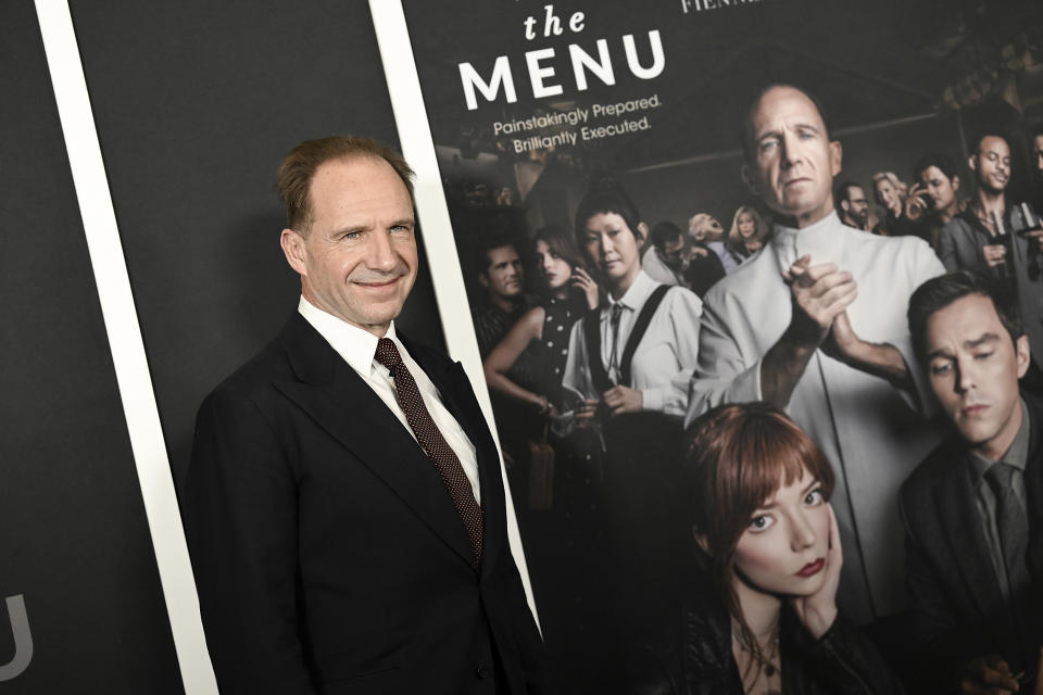 Ralph Fiennes attends the premiere of "The Menu" at AMC Lincoln Square on Monday, Nov. 14, 2022, in New York. (Photo by Evan Agostini/Invision/AP)