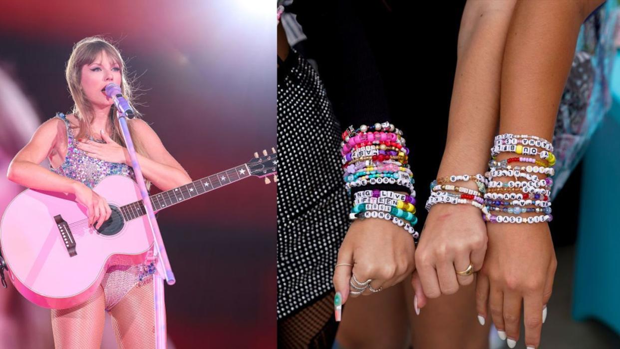 taylor swift performing on stage and a photo of concert attendees wearing friendship bracelets