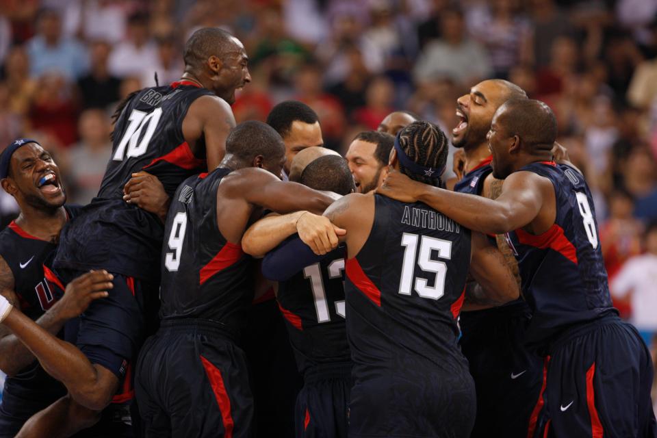 LeBron James (far left), Kobe Bryant and the rest of Team USA celebrate a win at the 2008 Olympics in the Netflix documentary "The Redeem Team."