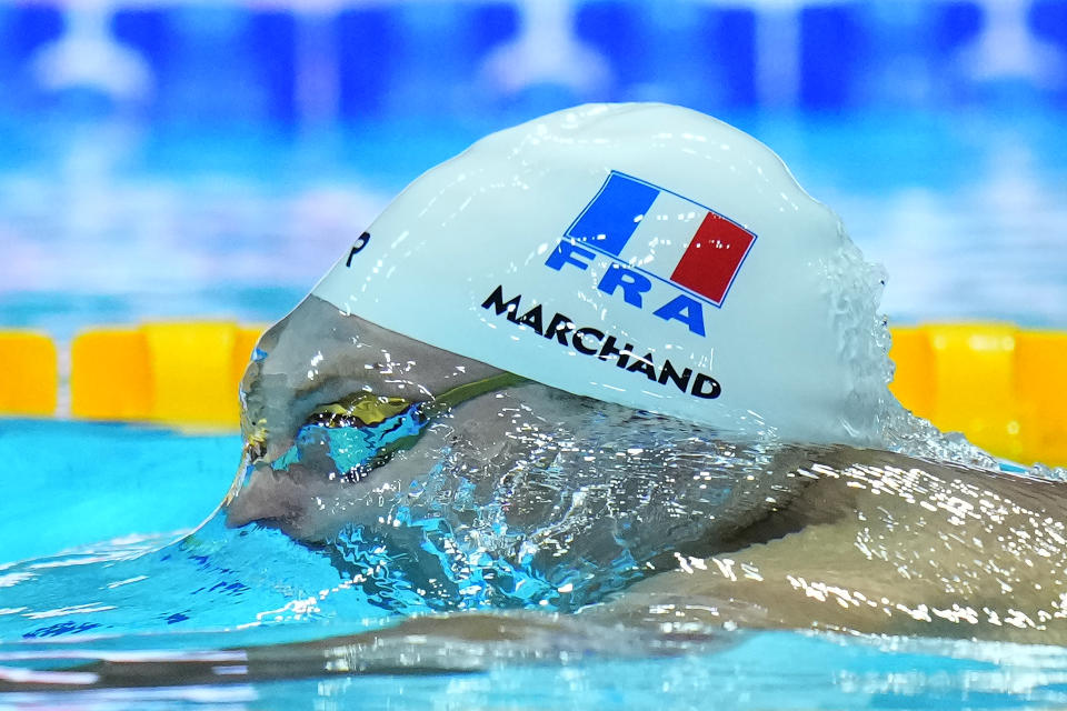 Leon Marchand of France competes during the men's 400m medley final at the 19th FINA World Championships in Budapest, Hungary, Saturday, June 18, 2022. (AP Photo/Petr David Josek)