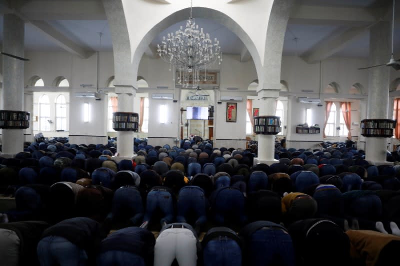 Palestinian worshippers perform Friday prayers in Gamal Abdel Nasser mosque in Ramallah in the Israeli-occupied West Bank