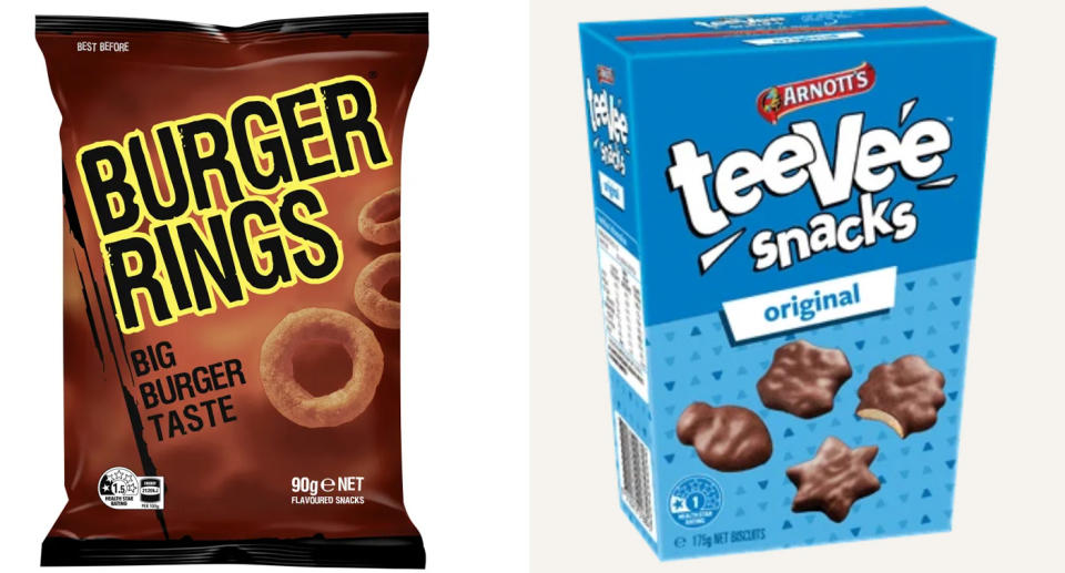 Left, image of bag of Burger Rings and right, Arnott's TeeVee chocolate biscuits box.