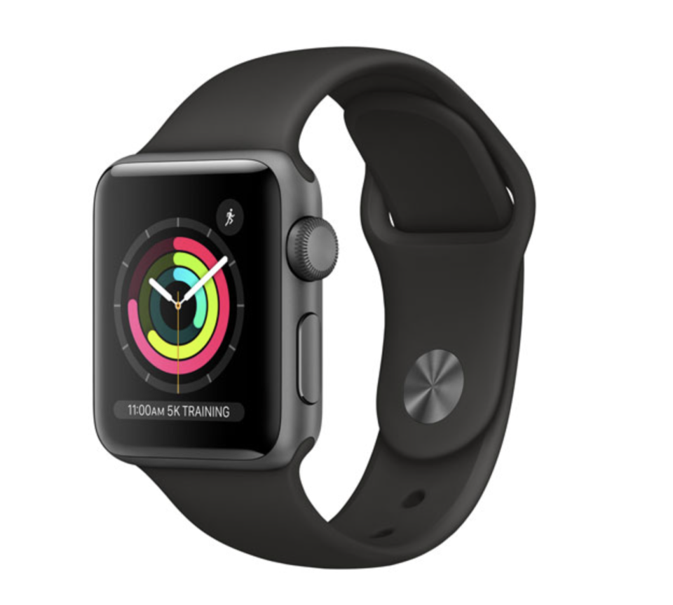 Apple Watch Series 3 with black silicone strap