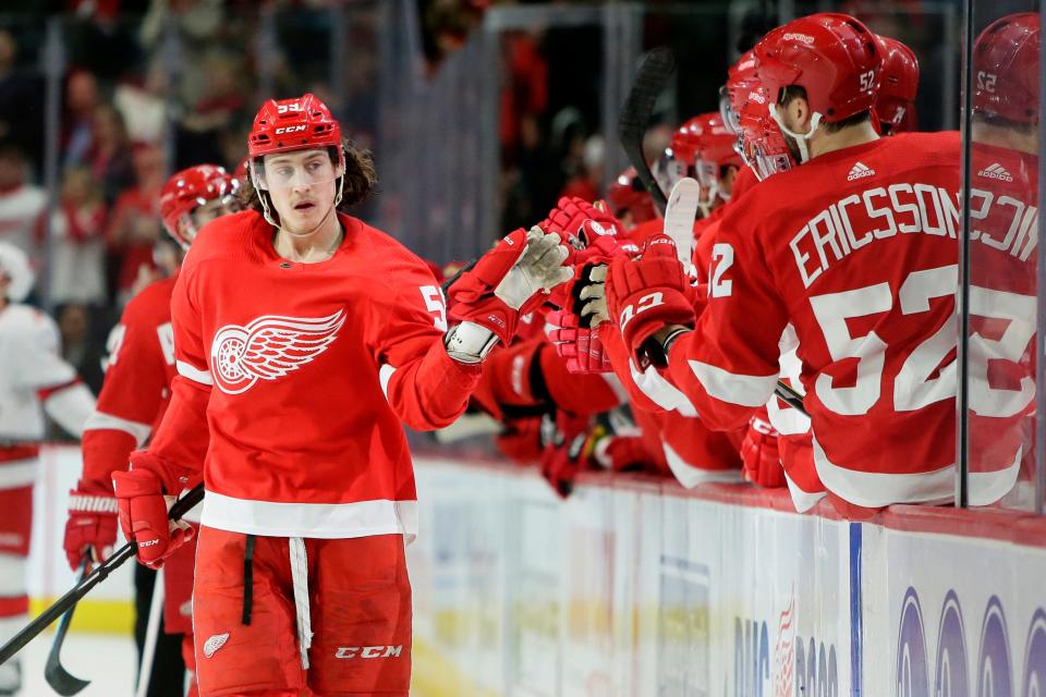 Detroit Red Wings left wing Tyler Bertuzzi celebrates his first-period goal against the Carolina Hurricanes, Tuesday, March 10, 2020, in Detroit.