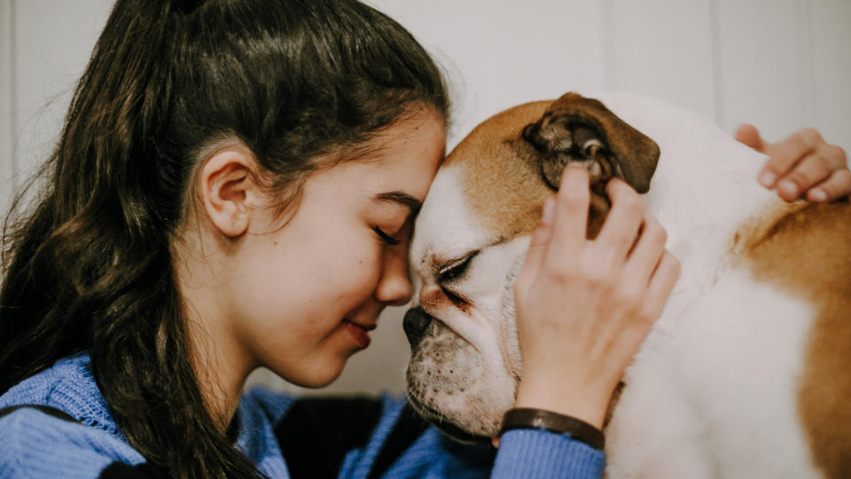 girl giving dog a kiss