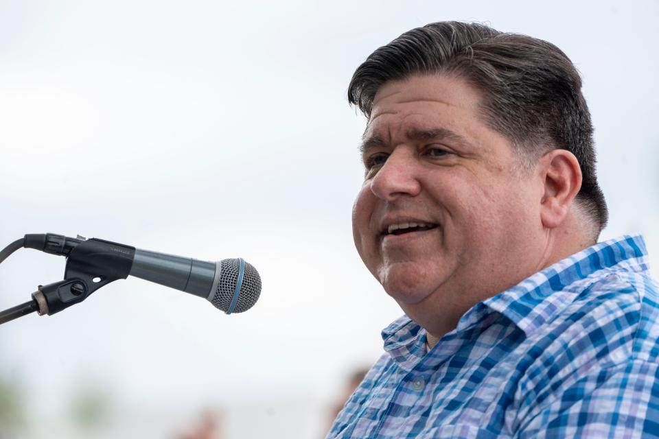 Illinois Gov. J.B. Pritzker speaks during the Polk County Democrats Steak Fry at Water Works Park on Saturday, Sept. 14, 2024, in Des Moines.