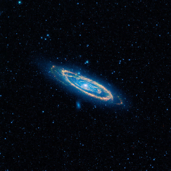 A false-color image of the mid-infrared emission from the Great Galaxy in Andromeda, as seen by Nasa's WISE space telescope.