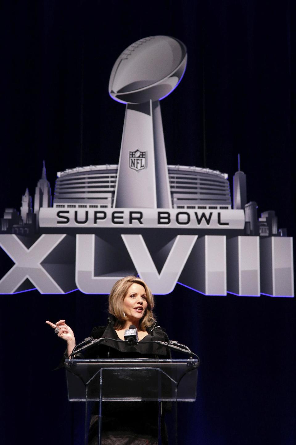 Opera singer Renee Fleming who will sing the National Anthem before the NFL Super Bowl XLVIII football game speaks during a press conference Thursday, Jan. 30, 2014, in New York. (AP Photo)