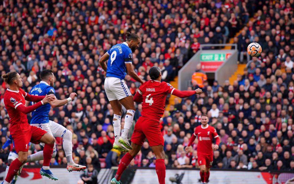 Everton's Dominic Calvert-Lewin heads towards goal during the Premier League match at Anfiel
