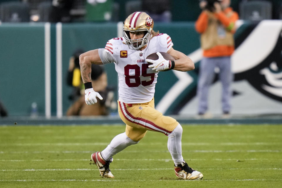 San Francisco 49ers tight end George Kittle runs with the ball during the second half of the NFC Championship NFL football game between the Philadelphia Eagles and the San Francisco 49ers on Sunday, Jan. 29, 2023, in Philadelphia. (AP Photo/Seth Wenig)