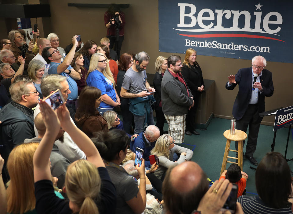 WEST NEWTON, IOWA  - FEBRUARY 02:  Democratic presidential candidate Sen. Bernie Sanders (I-VT) speaks during a stop at a campaign field office on February 02, 2020 in West Newton, Iowa. Iowa's first-in-the-nation caucuses will be held on February 3. (Photo by Joe Raedle/Getty Images)