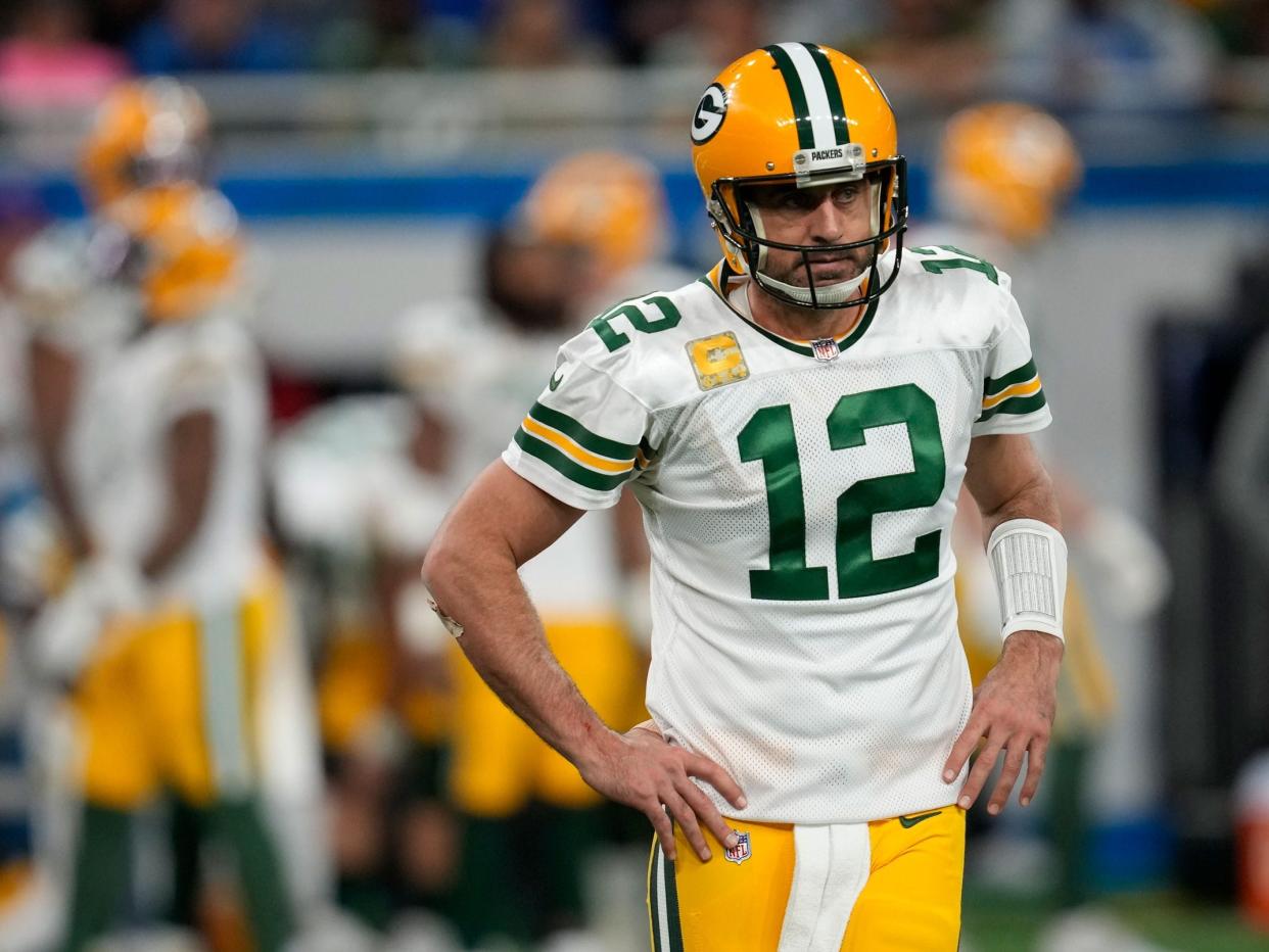 Aaron Rodgers reacts after a play against the Detroit Lions.