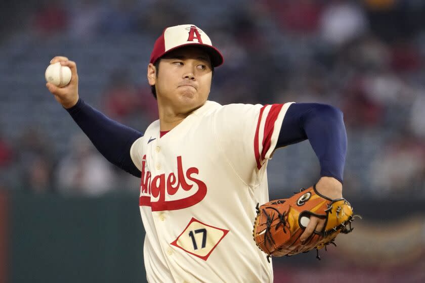 Los Angeles Angels starting pitcher Shohei Ohtani throws to the plate during the first inning of a baseball game against the Oakland Athletics Thursday, Sept. 29, 2022, in Anaheim, Calif. (AP Photo/Mark J. Terrill)