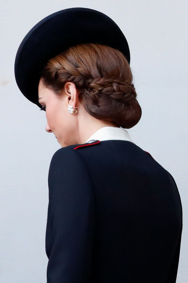 <p> Combining a French braid with a bun, this hairstyle requires a little more skill than some of Kate's others, but it is definitely one of the most sophisticated hairstyles she's stepped out with. If you find your regular bun falling a bit flat, try incorporating a plait for some extra texture and fun. </p>