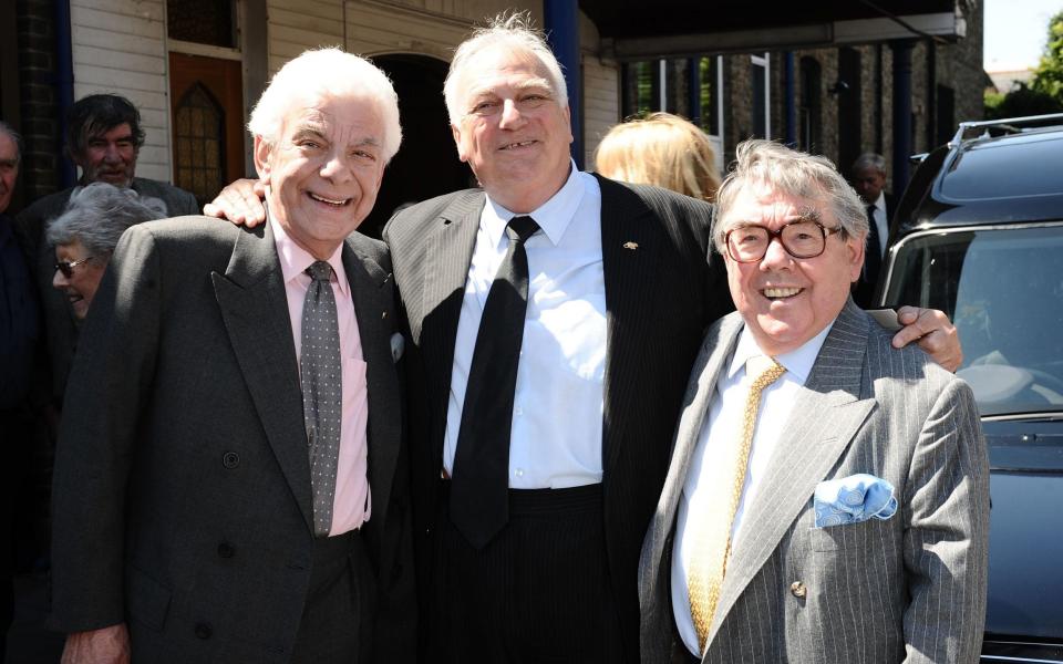 Barry Cryer at the funeral of Danny La Rue alongside Ronnie Corbett and Roy Hudd - PA