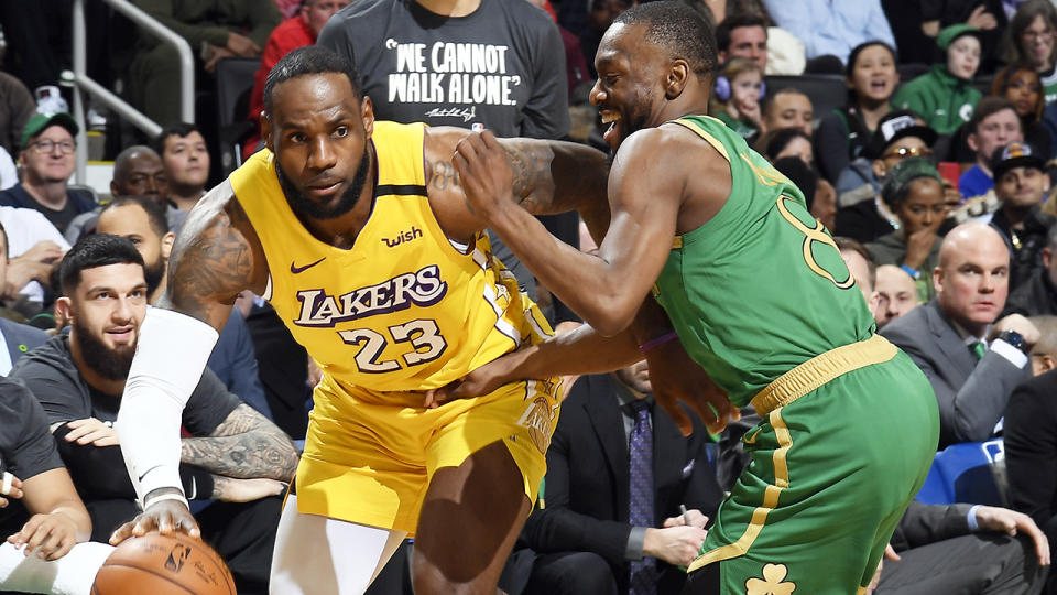 LeBron James defeated Kemba Walker 28 times in a row, until the Celtics helped Walker snap his dubious losing record to the Lakers star. (Photo by Brian Babineau/NBAE via Getty Images)