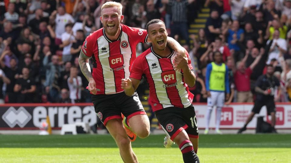 Cameron Archer celebrates his first goal for Sheffield United. Credit: Alamy