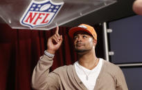 Indiana wide receiver Cody Latimer reacts after being selected by the Denver Broncos as the 56th pick during the second round of the 2014 NFL Draft, Friday, May 9, 2014, in New York. (AP Photo/Jason DeCrow)