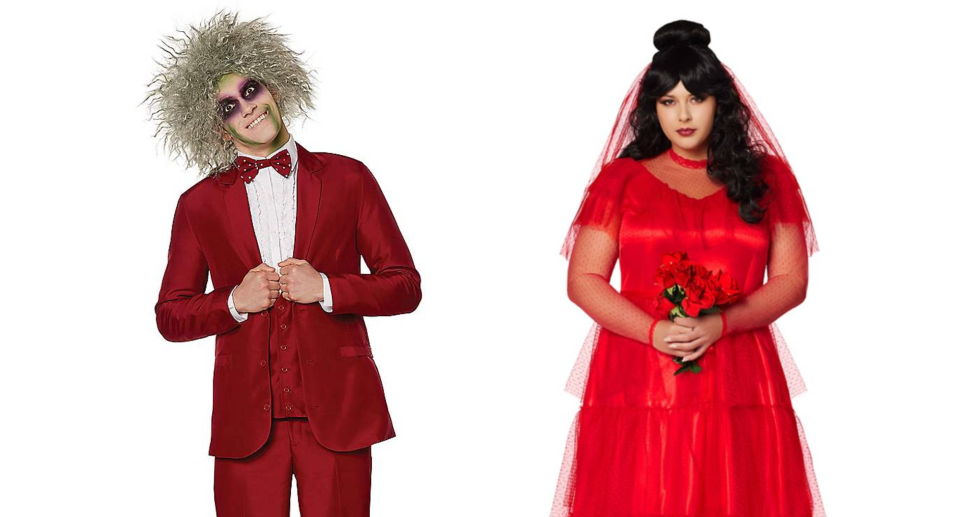Beetlejuice & Lydia Deetz halloween costumes with red suit and red dress