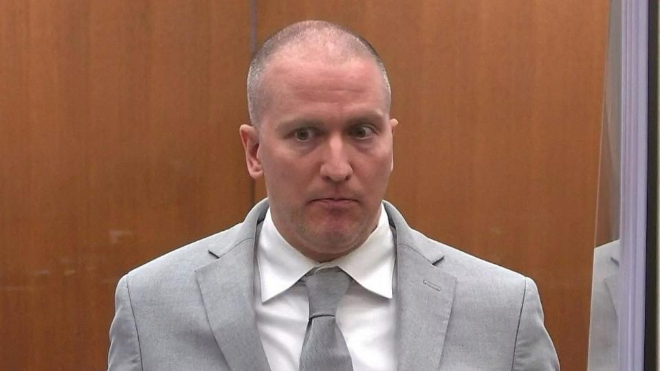 PHOTO: Former Minneapolis police officer Derek Chauvin addresses his sentencing hearing and the judge as he awaits his sentence after being convicted of murder in the death of George Floyd in Minneapolis, Minn., June 25, 2021 in a still image from video. (Pool via Reuters, FILE)